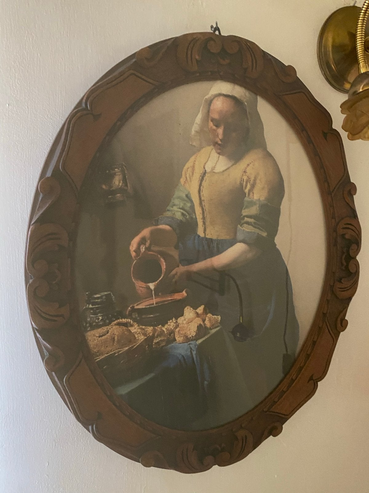 De Melkmeid van Vermeer - Ovale lijst, Antiek en Kunst, Kunst | Schilderijen | Klassiek, Ophalen, Portret of Personen, Overige ondergronden