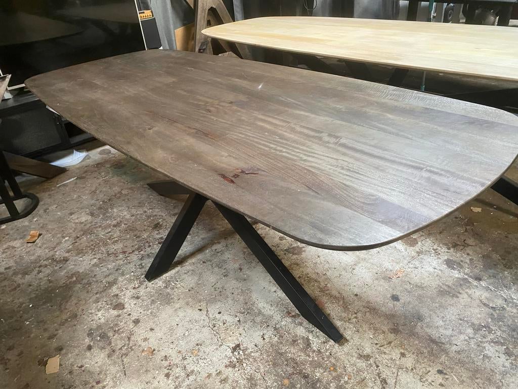 Deens ovale eettafel 240x100 massief mangohout spinpoot, Ophalen, 100 tot 150 cm, Vijf personen of meer, Ovaal