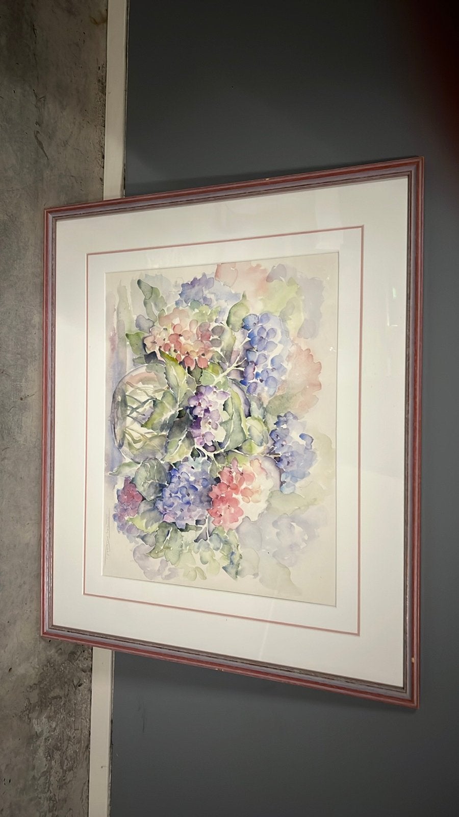 Prachtig aquarel schilderij van hortensia's, gesigneerd, Realistisch, Gesigneerd, Aquarel, Papier