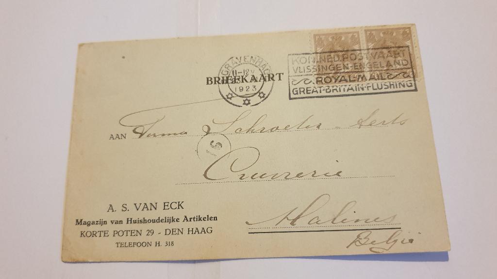 1837 briefkaart 11-12-1923 kon ned postvaart vlissingen, Verzenden