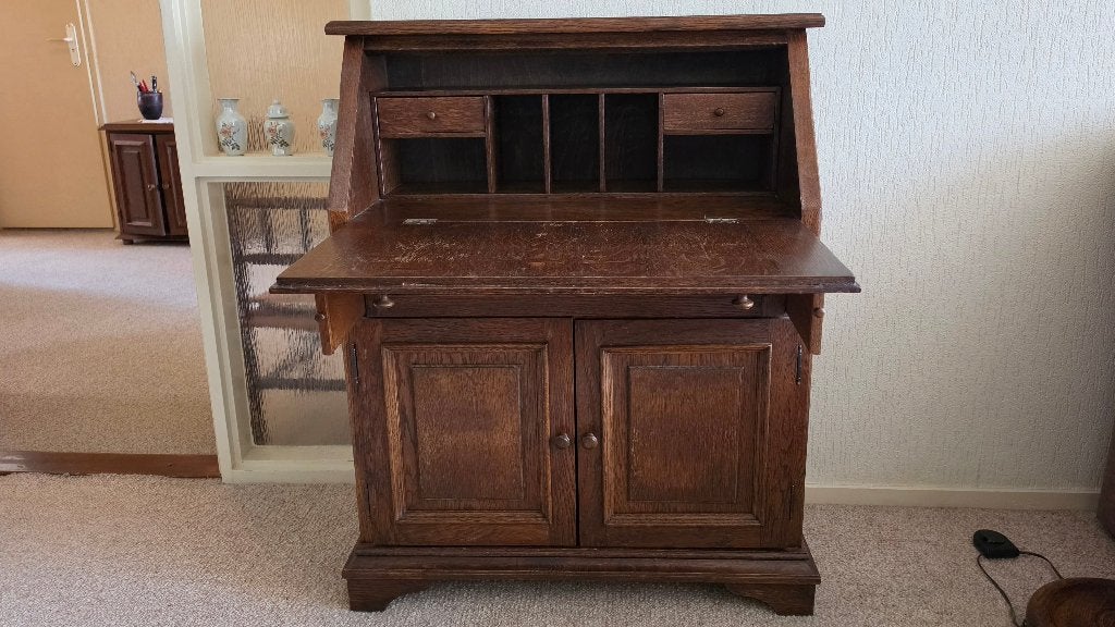 Klassieke eikenhouten secretaire/klepbureau landelijke stijl, Ophalen, Zo goed als nieuw, Vintage