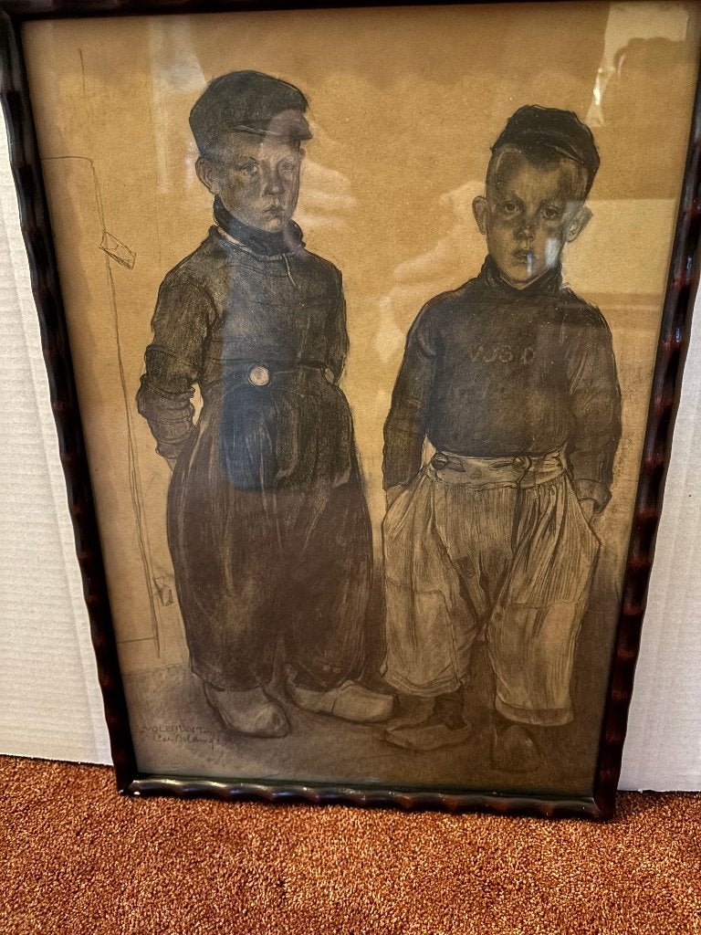 Cees Bolding lithografie van 2 Volendamse jongens in kostuum, Ophalen of Verzenden