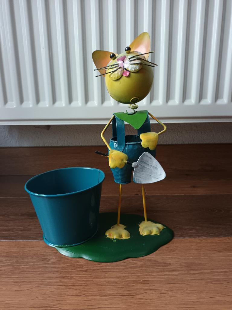 Bloempot met kat bloempotje blik blikken pot potje poes, Gebruikt, Rond, Ophalen of Verzenden, Metaal