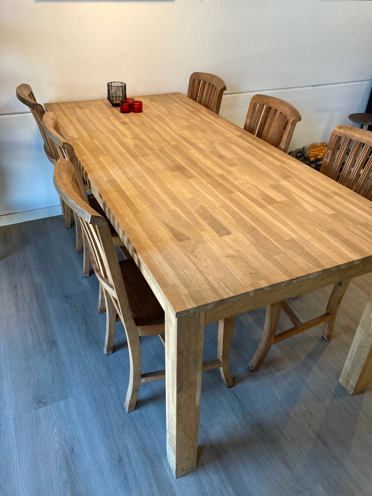 Grote eettafel met teak houten stoelen, Ophalen, Gebruikt, 200 cm of meer, 50 tot 100 cm