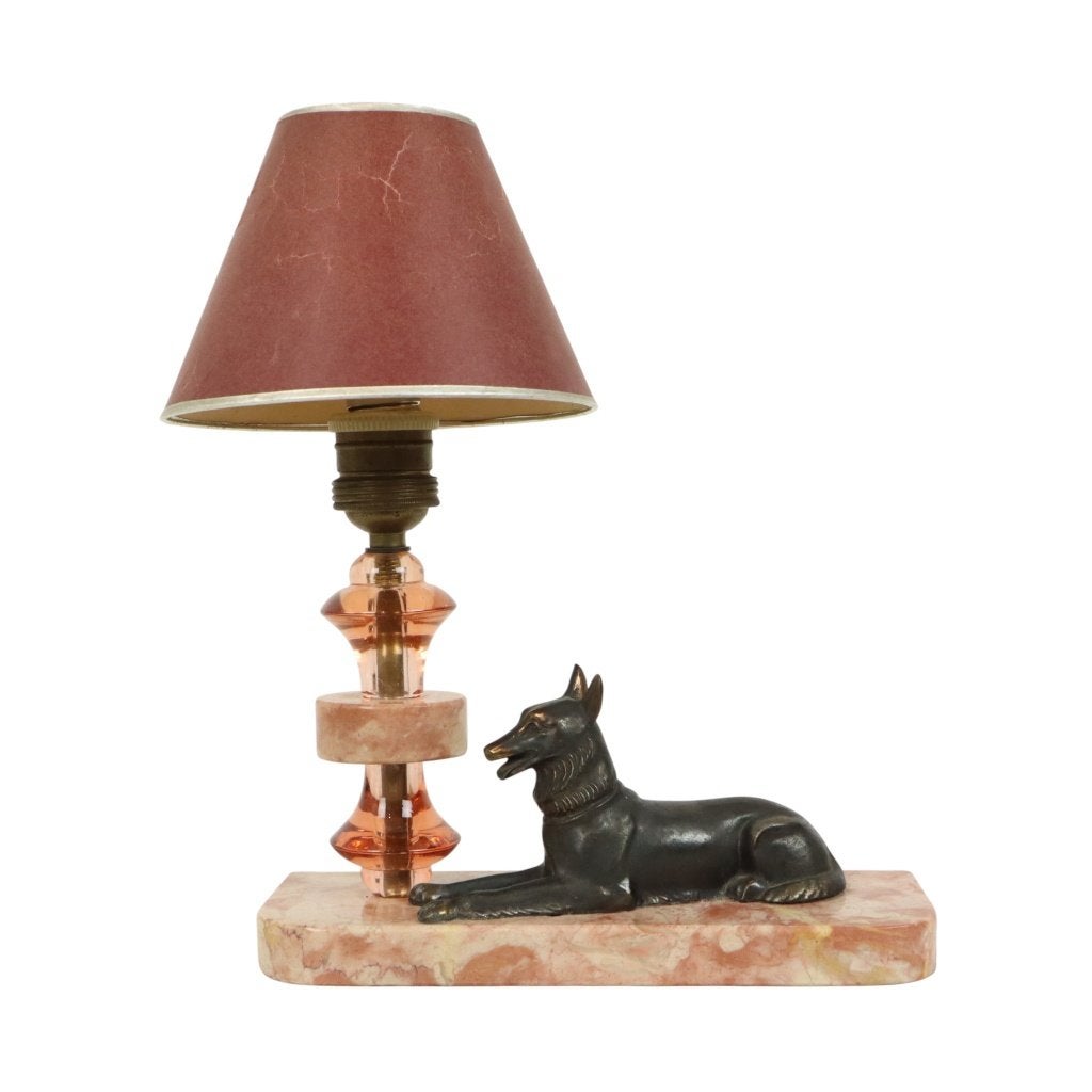 Franse Art Deco Tafellamp Roze Marmer Glas Herdershond, Ophalen of Verzenden