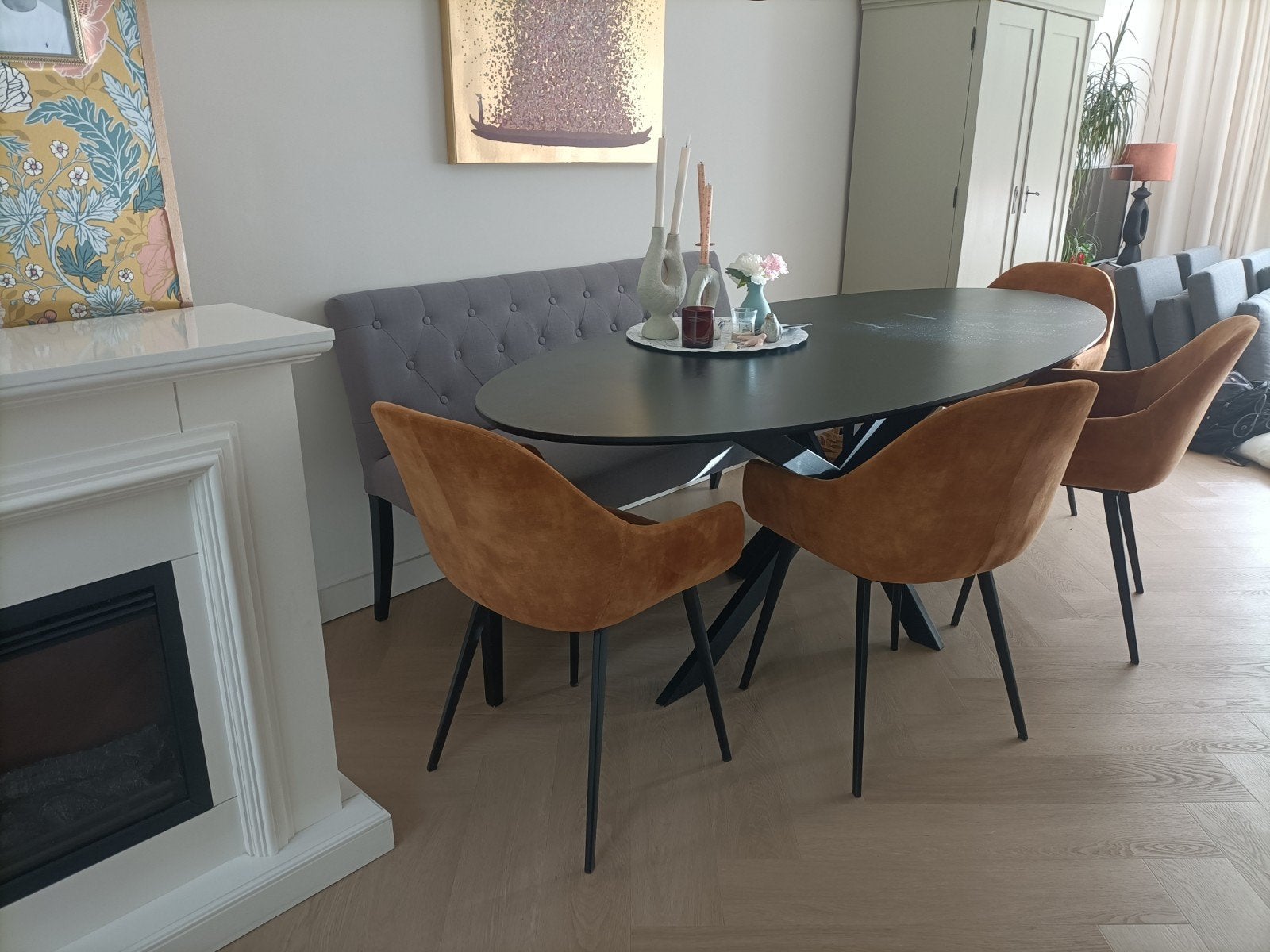 4 okergele eetkamerstoelen zachte stof, Ophalen, Gebruikt, Overige kleuren, Vier