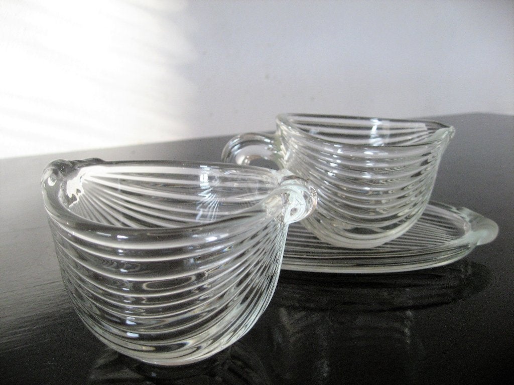 Art deco gestreept glazen roomstel Mikasa jaren 80, Ophalen of Verzenden