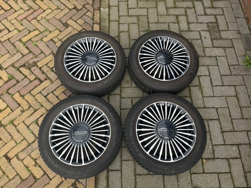 FIAT 500e 500  ALLOY DIAMOND VELGEN SET + WINTERBANDEN, Ophalen, Gebruikt, 16 inch, Banden en Velgen