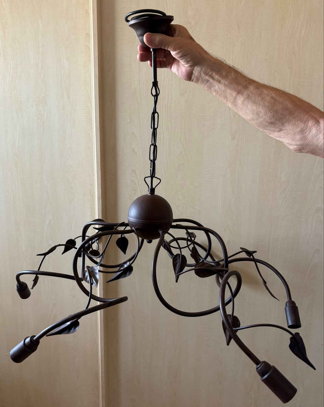 Metalen hanglamp met bladeren, bruin, 6-lichts, Ophalen, Gebruikt, Metaal, E14 (klein)