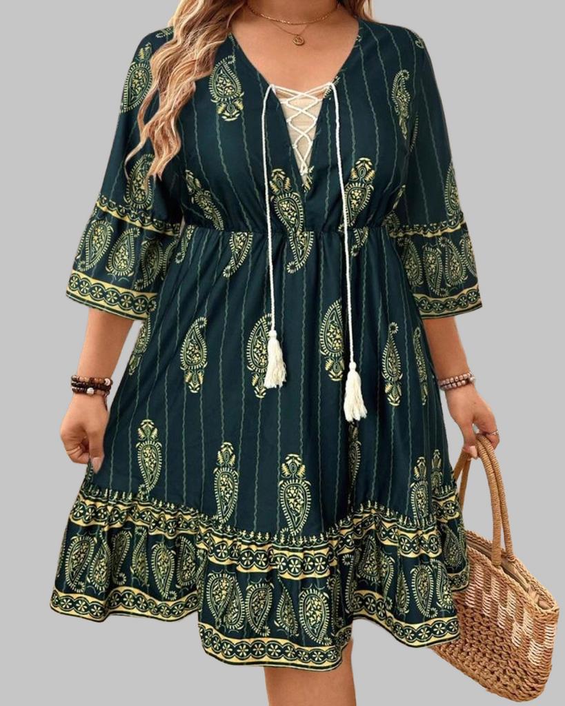 Zomerse Boho Jurk met Paisley Print en Kwastjes(44-52), Kleding | Dames, Grote Maten, Verzenden, Nieuw, Groen, Jurk