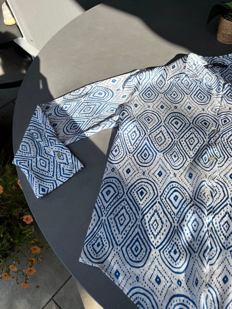 Z.g.a.n. blauw/witte Zara blouse, maat M = L, Zara, Maat 42/44 (L), Zo goed als nieuw, Verzenden