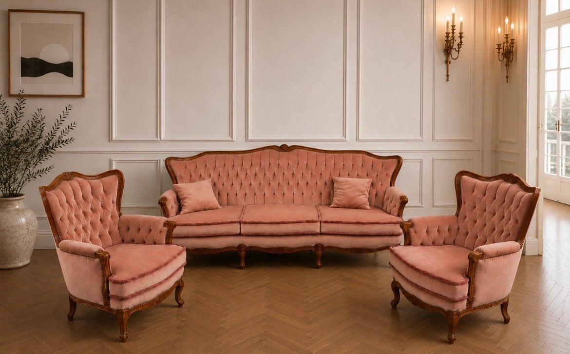 Roze bankstel, Barok, vintage bank fauteuil, queen ann nieuw, Ophalen