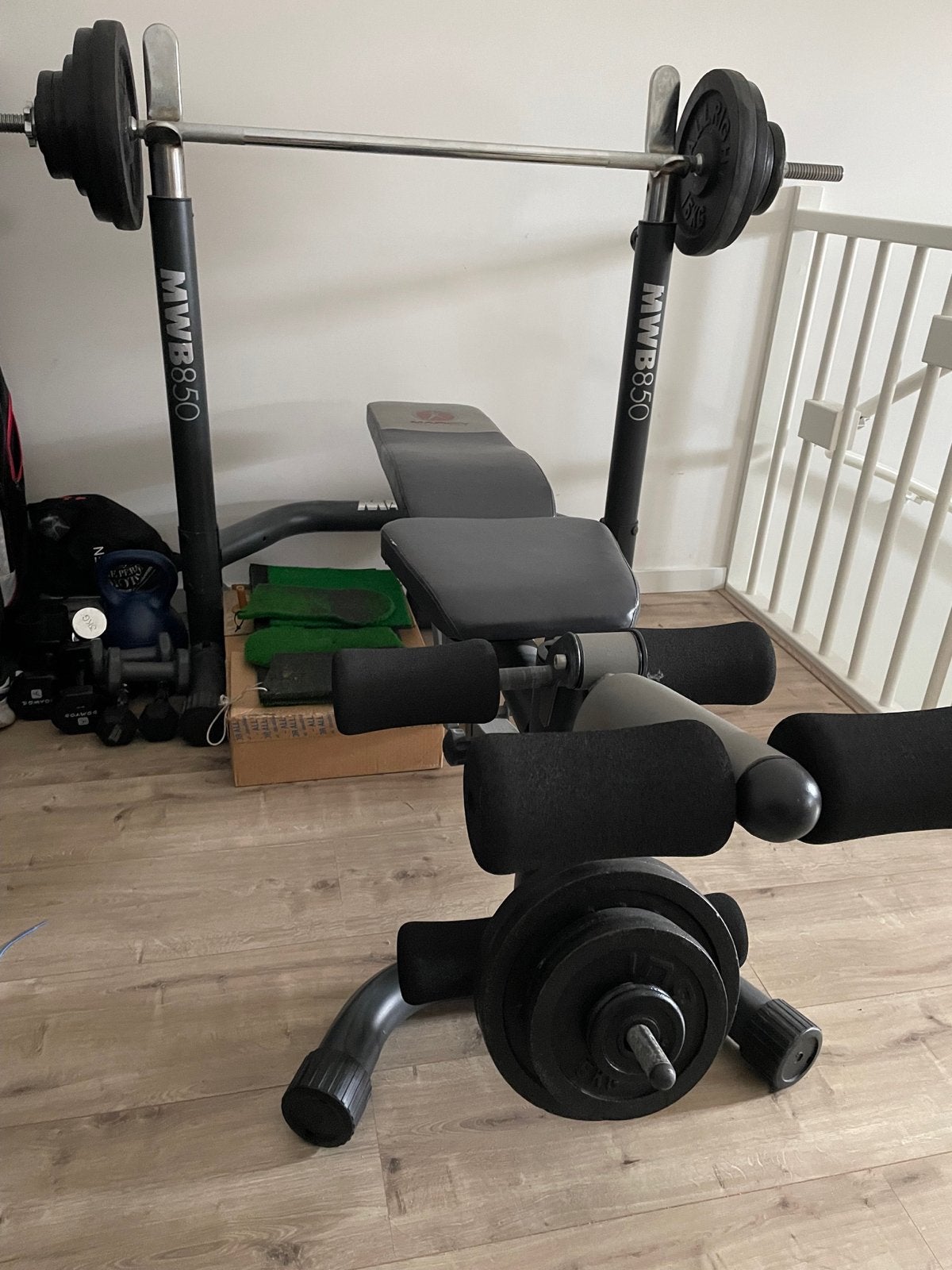 Bankdruk incl gewichten, Ophalen, Gebruikt, Borst, Fitnessbank