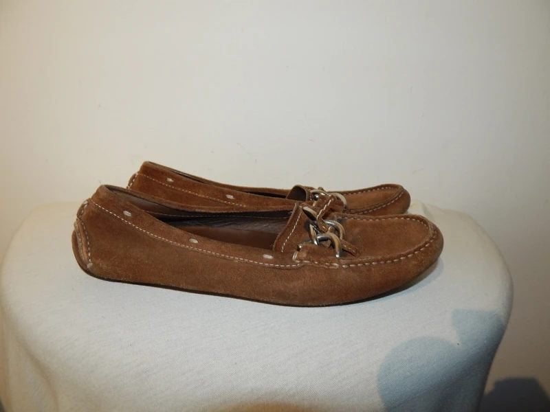 Prada vintage loafers suede leer sier deel bovenkant 37, Verzenden, Instappers, Gedragen, Bruin
