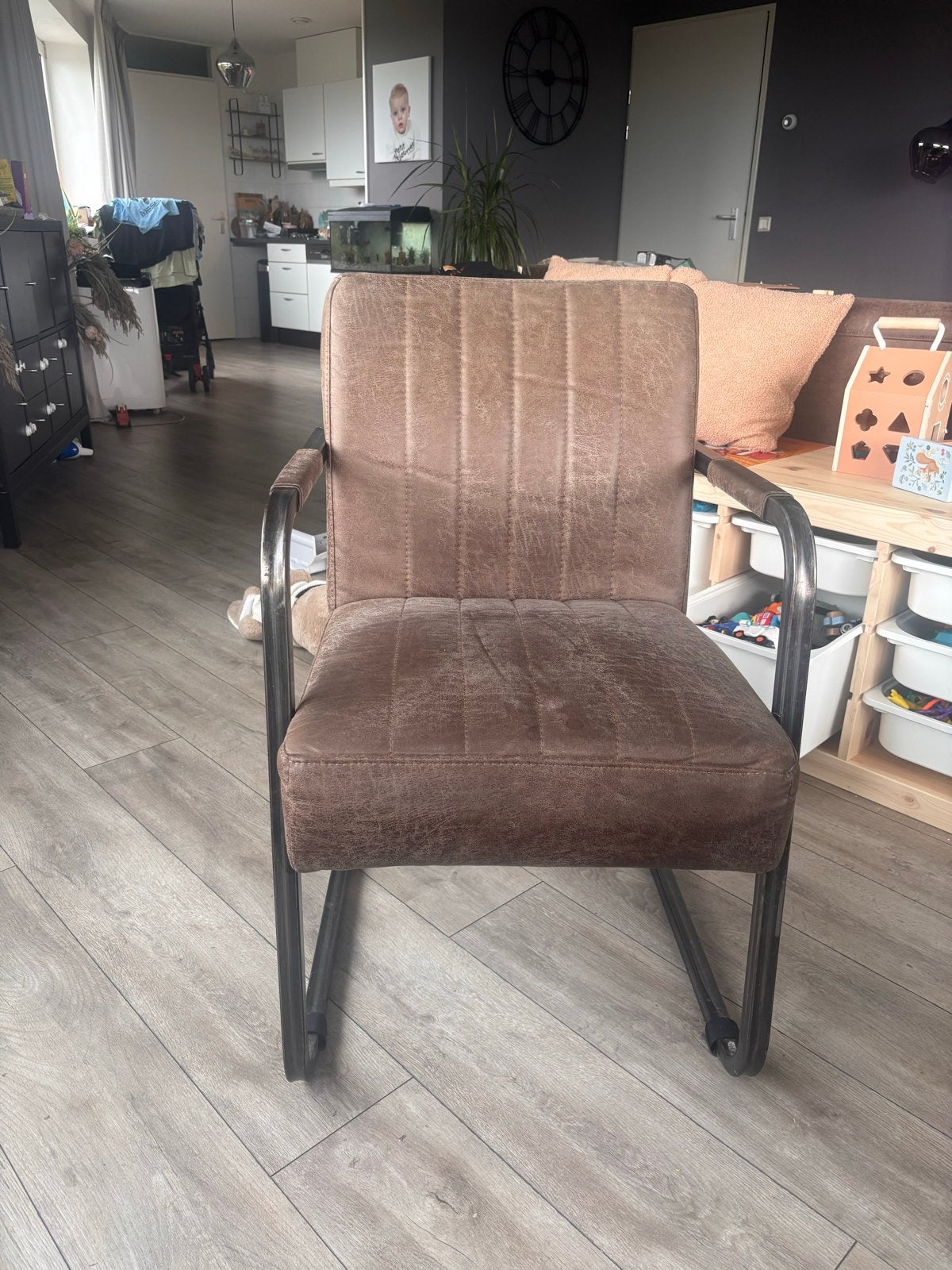 4 Haco eetkamerstoelen in bruin leerlook, Ophalen, Gebruikt, Bruin, Leer