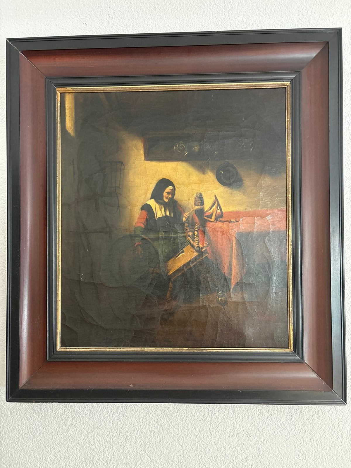 Oud Hollands schilderij: Vrouw en kind in interieur, Ophalen, Doek, Portret of Personen, Oud hollands