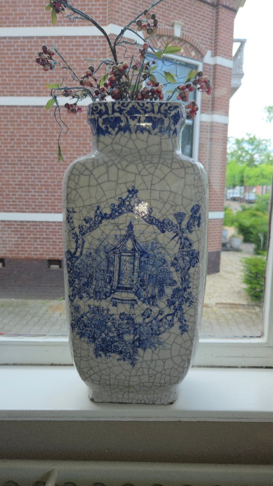 2 Antieke Craquelé Vazen met Blauw-Wit Decor, Ophalen of Verzenden