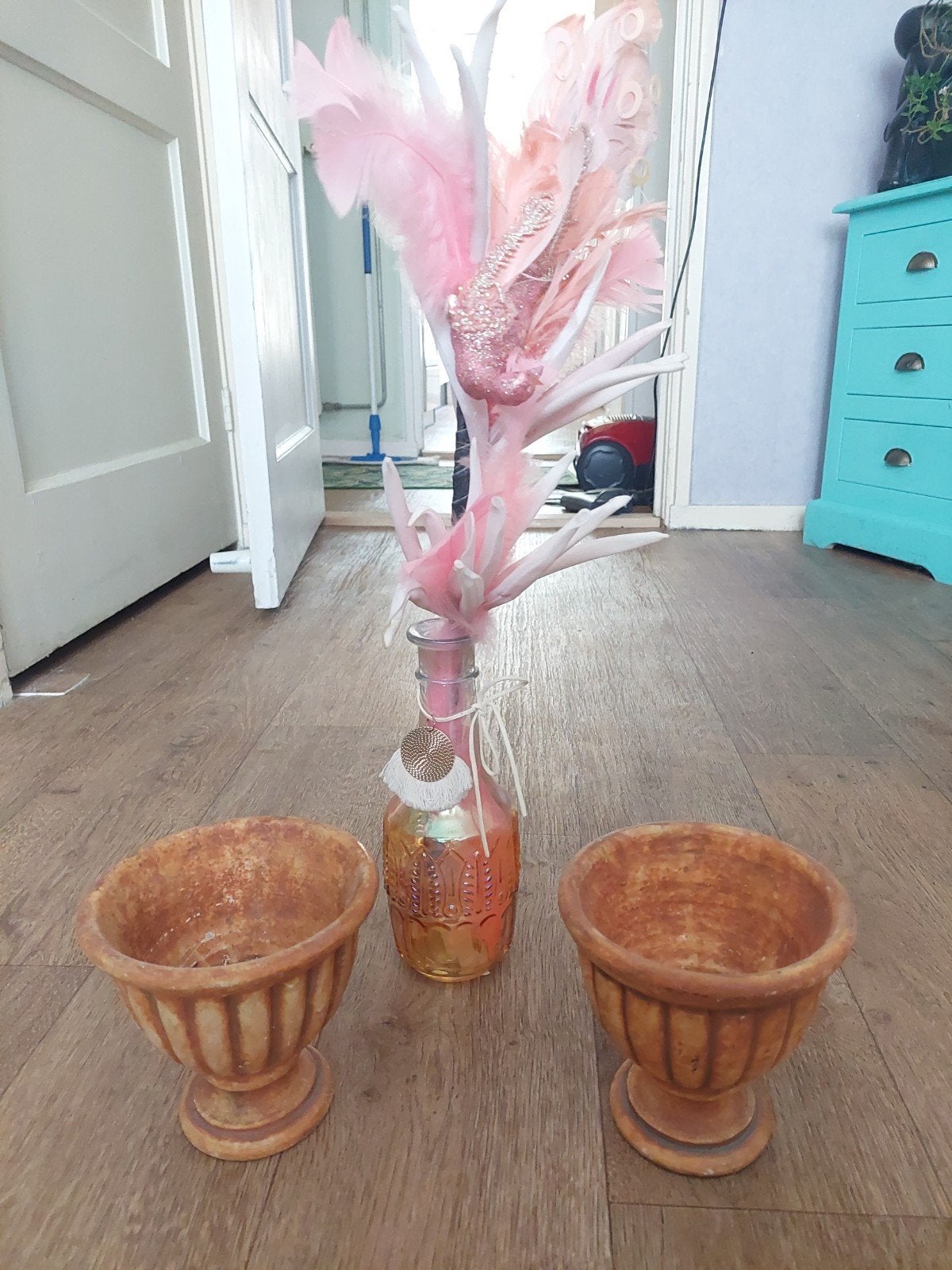 Set van 2 terracotta potten op voet en vaas met kunstbloem, Ophalen, Op voet, Oranje, Zo goed als nieuw