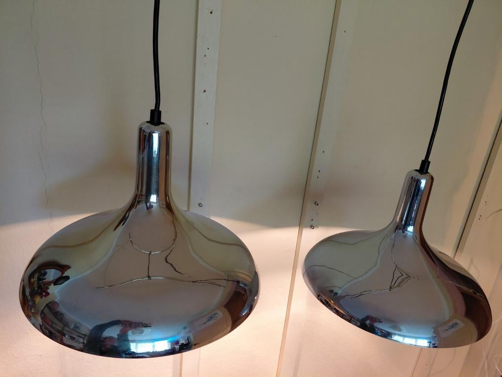 2 spiegelend chromen vintage design hanglampen space age "60, Ophalen of Verzenden, Zo goed als nieuw, Minder dan 50 cm