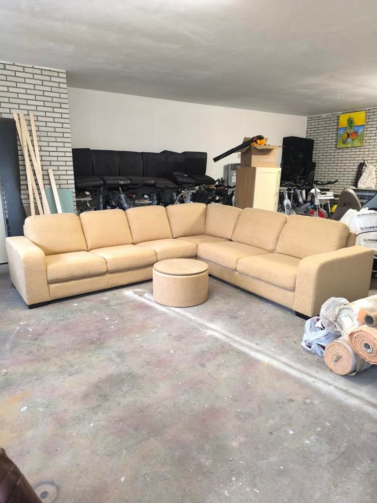 Hoekbank met poef - Beige stof, Gebruikt, 125 cm of meer, Ophalen of Verzenden, Stof