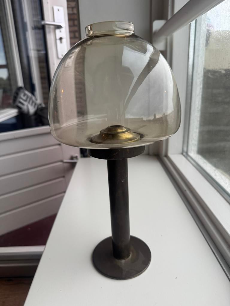 Vintage hurricane lamp met messing brander, Ophalen, Zo goed als nieuw, Glas, Minder dan 50 cm
