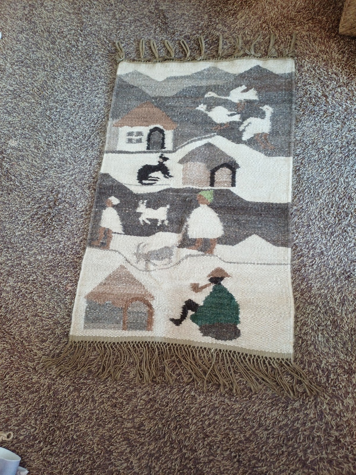 Vintage wollen wandkleed met franje - 111x58 cm, Ophalen of Verzenden
