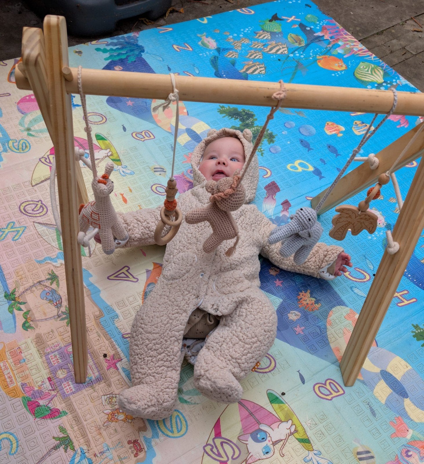 Houten babygym met gehaakte speeltjes, Ophalen of Verzenden, Zo goed als nieuw, Babygym