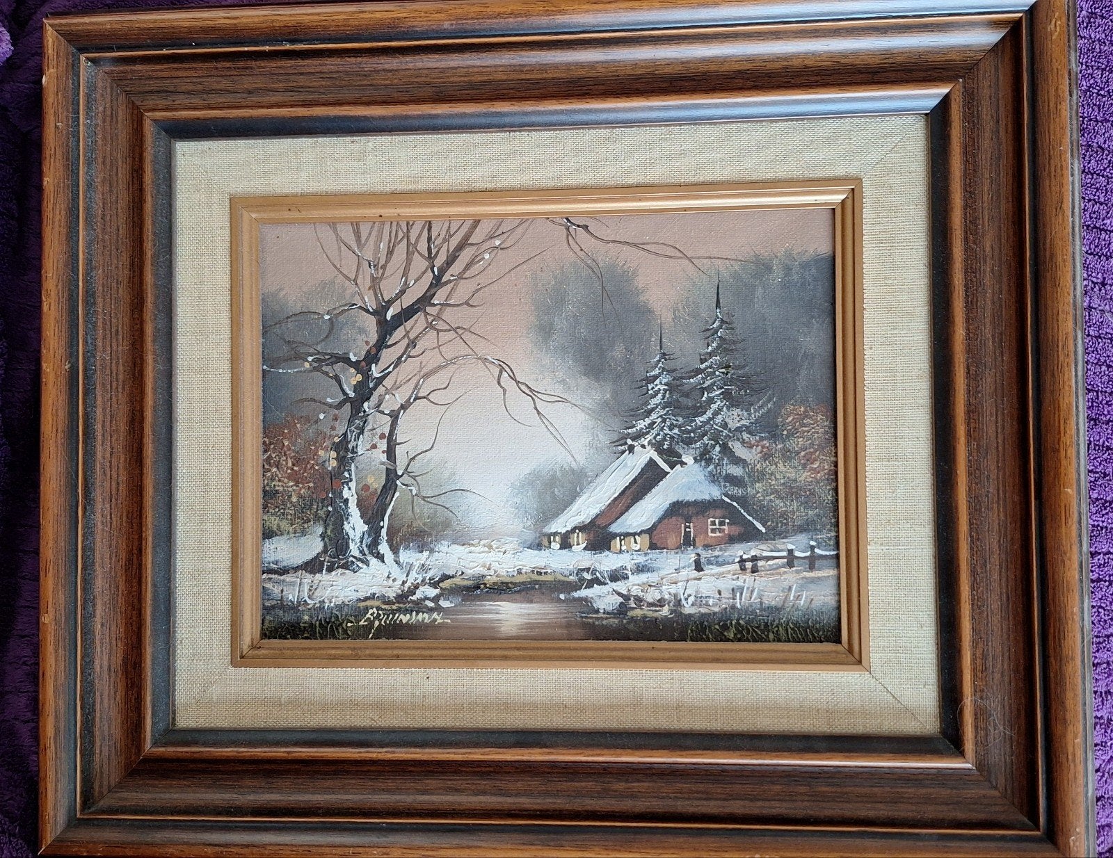Schilderij Winterlandschap met huisje - Gesigneerd Bruinsma, Doek, Ophalen of Verzenden, Gesigneerd, Landschap