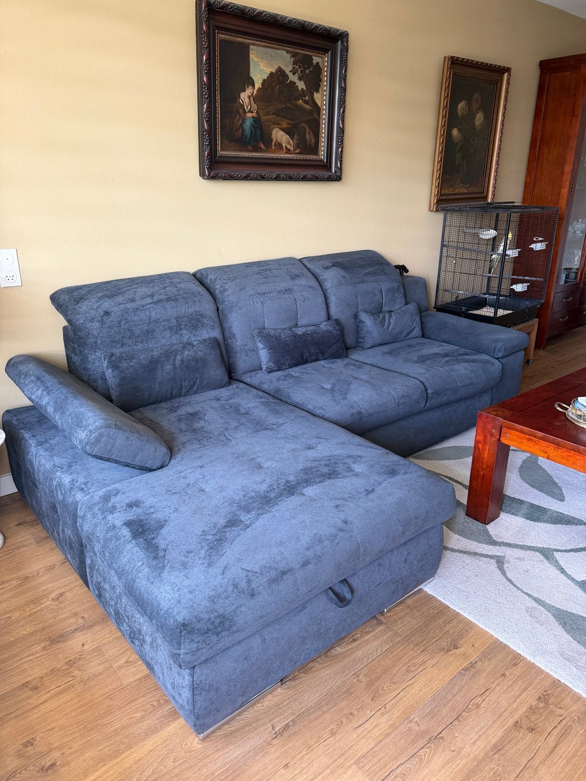 Zo goed als nieuwe blauw/grijze stoffen loungebank, Huis en Inrichting, Banken | Bankstellen, Ophalen, Hoekbank, Zo goed als nieuw
