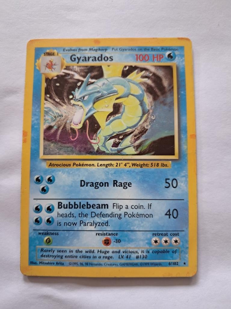 Gyarados 6/102 Base Set, Hobby en Vrije tijd, Verzamelkaartspellen | Pokémon, Ophalen of Verzenden, Zo goed als nieuw, Losse kaart