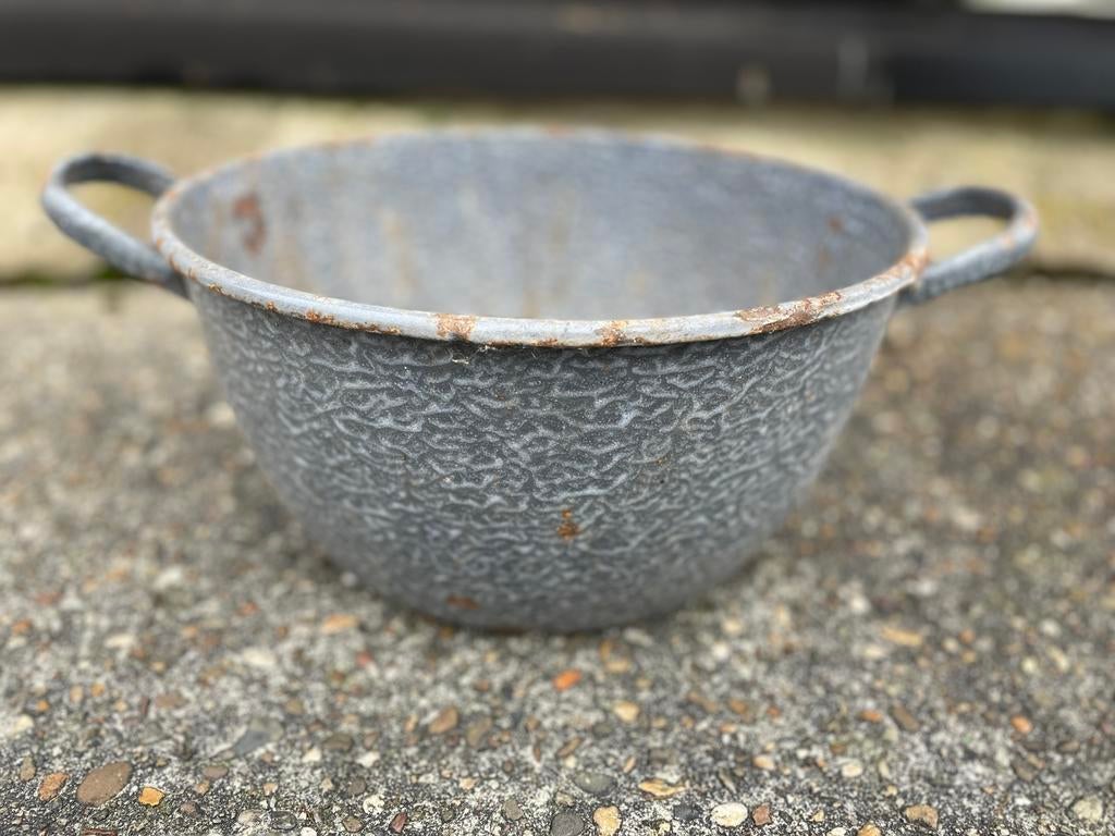 GROTE GRIJZE OUD HOLLANDSCHE EMAILLE PAN, Antiek en Kunst, Antiek | Emaille, Ophalen