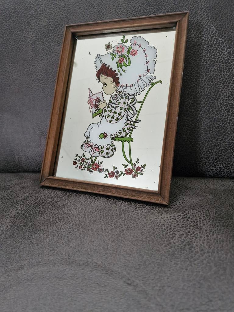 Vintage spiegel met illustratie van meisje in schommelstoel, Ophalen of Verzenden, Rechthoekig, Minder dan 50 cm, Minder dan 100 cm