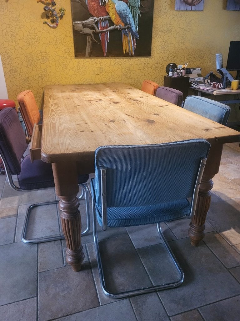 Eiken eettafel 230100 | uniek treinstel‑blad | met 3 lades, Ophalen, Gebruikt, Eikenhout, 200 cm of meer