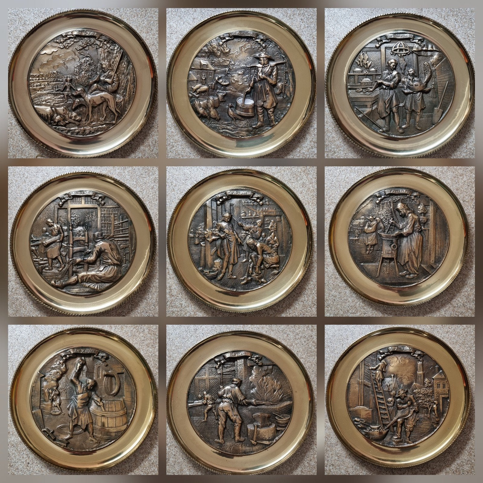 set van 9 Gegoten Bronzen Wandborden Ambachten, Ophalen of Verzenden, Brons