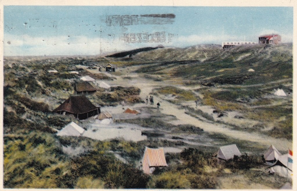 Oude ansichtkaart Kampeerterrein De Koog, Texel (1956), Ophalen of Verzenden, 1940 tot 1960, Gelopen, Noord-Holland