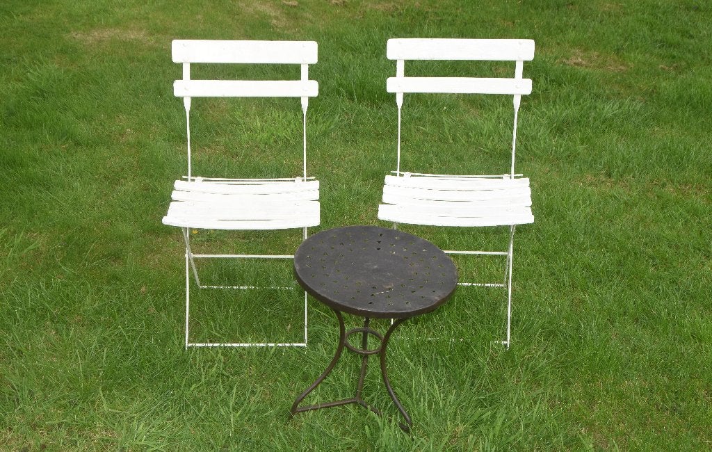 Brocante Franse Bistro set Tuinstoelen met Tafeltje, Ophalen, Gebruikt, Metaal