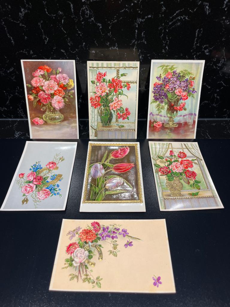 Set van 7 Vintage Ansichtkaarten met Bloemen en Goudaccenten, Verzamelen, Ansichtkaarten | Nederland, Ongelopen, 1940 tot 1960