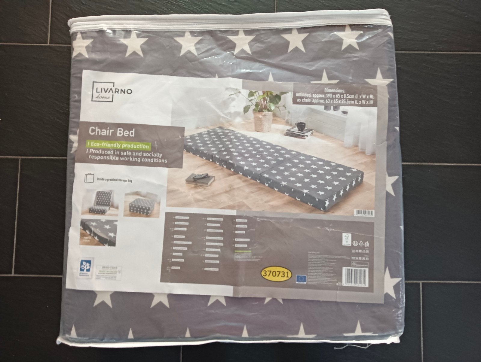 Opvouw bed of stoel, 190x65 cm, 1 persoons grijs met sterren, Nieuw, Eenpersoons, 70 cm of minder, 190 cm of minder
