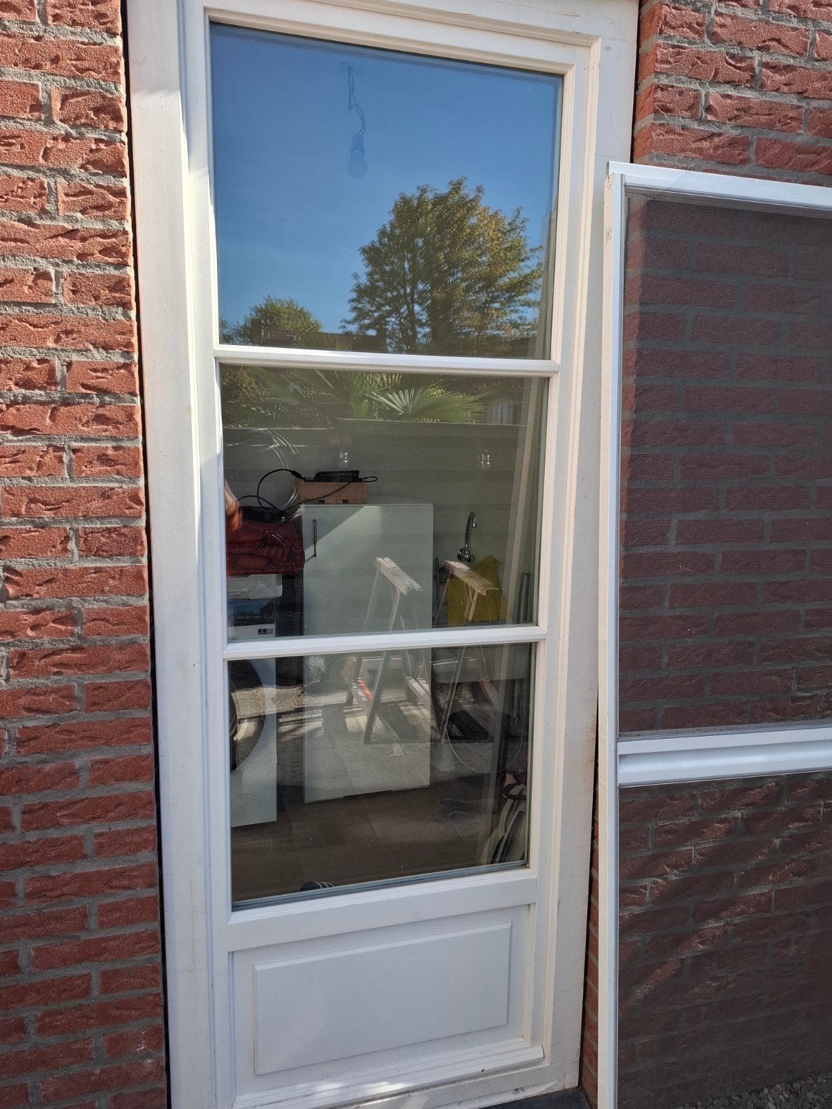 Meranti draai-kiep deur met kozijn en hordeur, Ophalen, Gebruikt, 80 tot 100 cm, 215 cm of meer