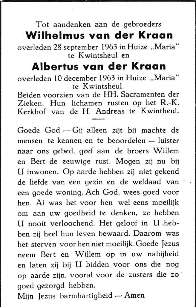 Kraan Wilhelmus 1963 Albertus 1963 Kwintsheul, Ophalen of Verzenden, Bidprentje