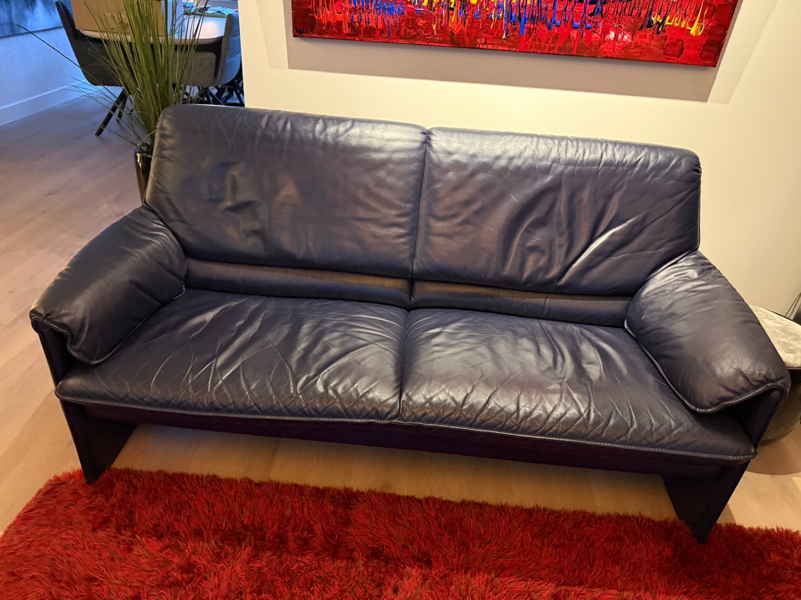 Leolux Bora Bèta 2,5-zits designbank – blauw leer, Ophalen, 150 tot 200 cm, Zo goed als nieuw, Leer