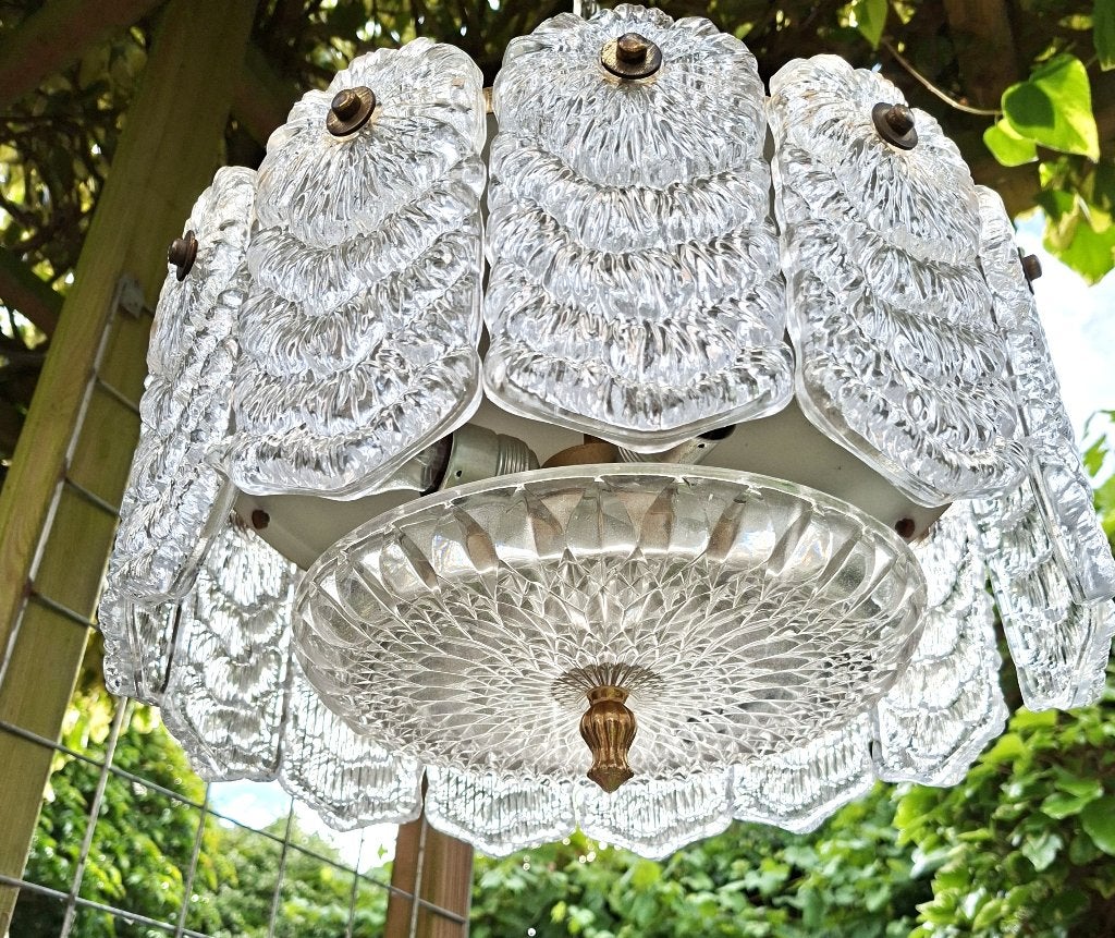 Vintage glazen design kroonluchter  >Kaiser /Doria Leuchten, Ophalen, Gebruikt, Glas, E27 (groot)