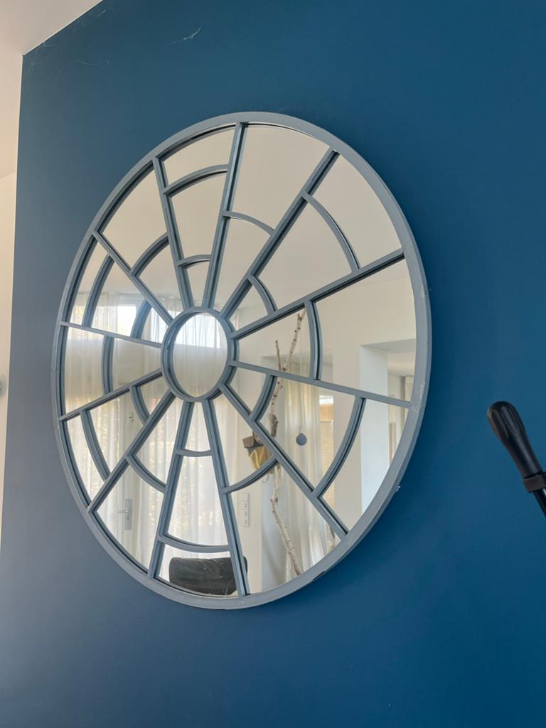 Ronde spiegel, 1 meter doorsnee, metaal blauw, Ophalen, Rond, Zo goed als nieuw, 75 tot 100 cm