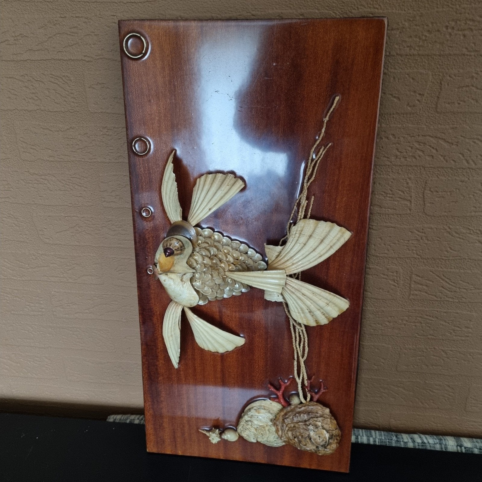 Vintage paneel met schelpenvis, plant en bubbels, Ophalen