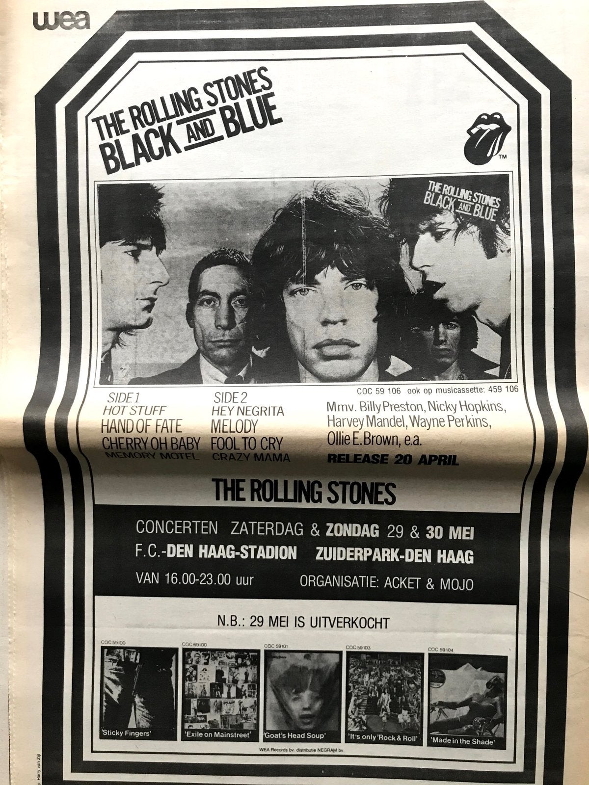 Paginagrote A3 advertentie ROLLING STONES Black And Blue, Ophalen of Verzenden, Zo goed als nieuw