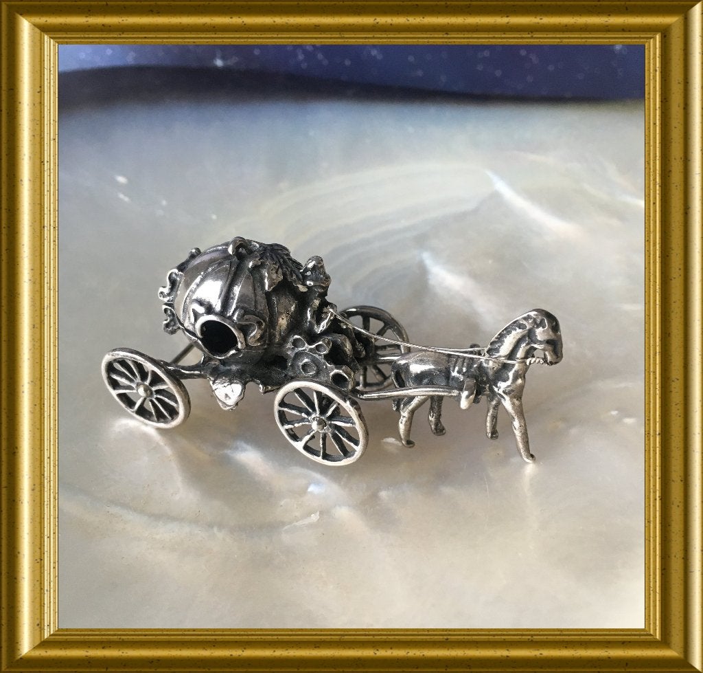 Miniatuur zilveren paard en wagen, pompoen koets, Cinderella, Antiek en Kunst, Ophalen of Verzenden, Zilver