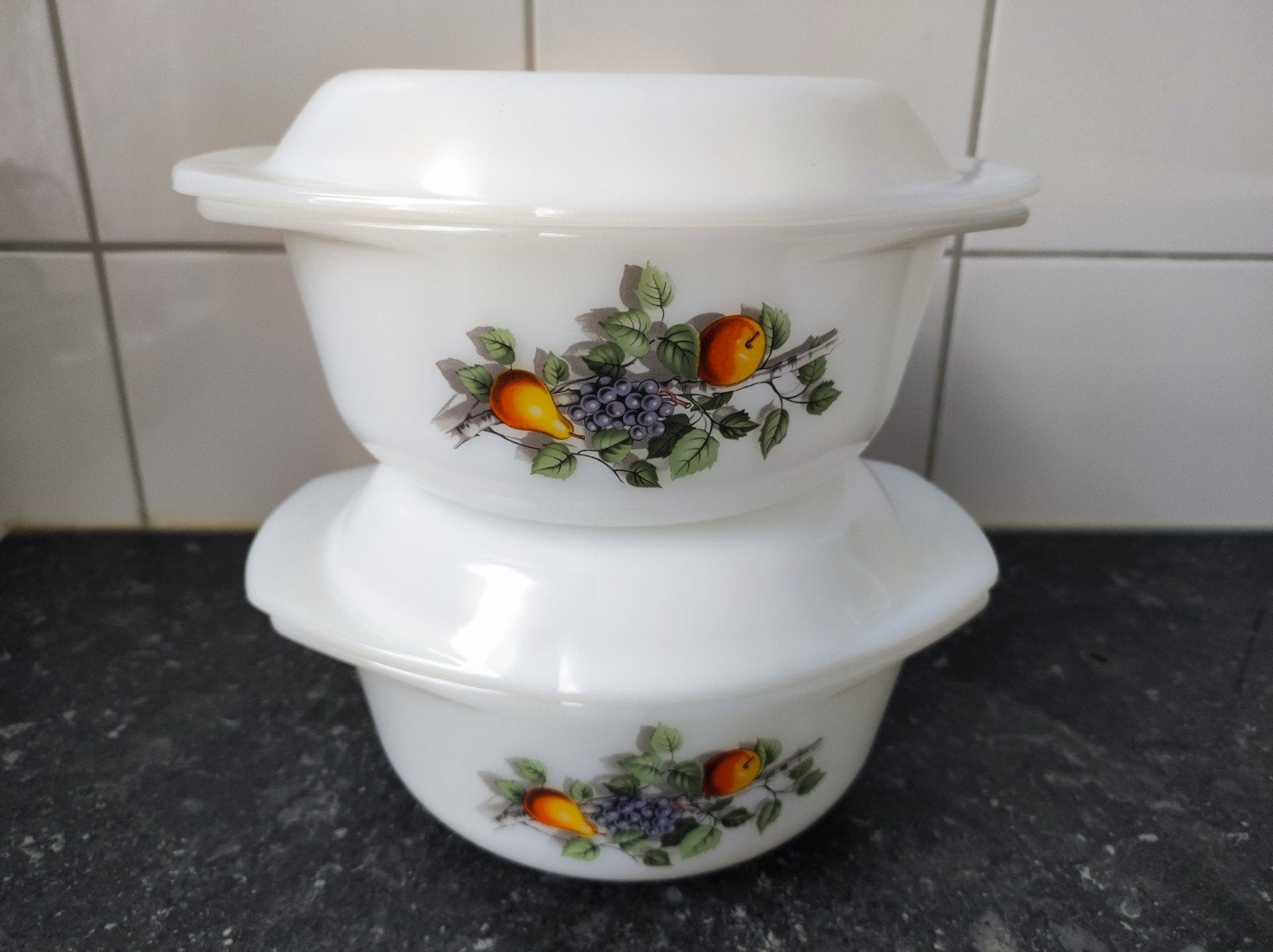 Vintage Pyrex ovenschalen met deksel, fruitdecor, Ophalen of Verzenden