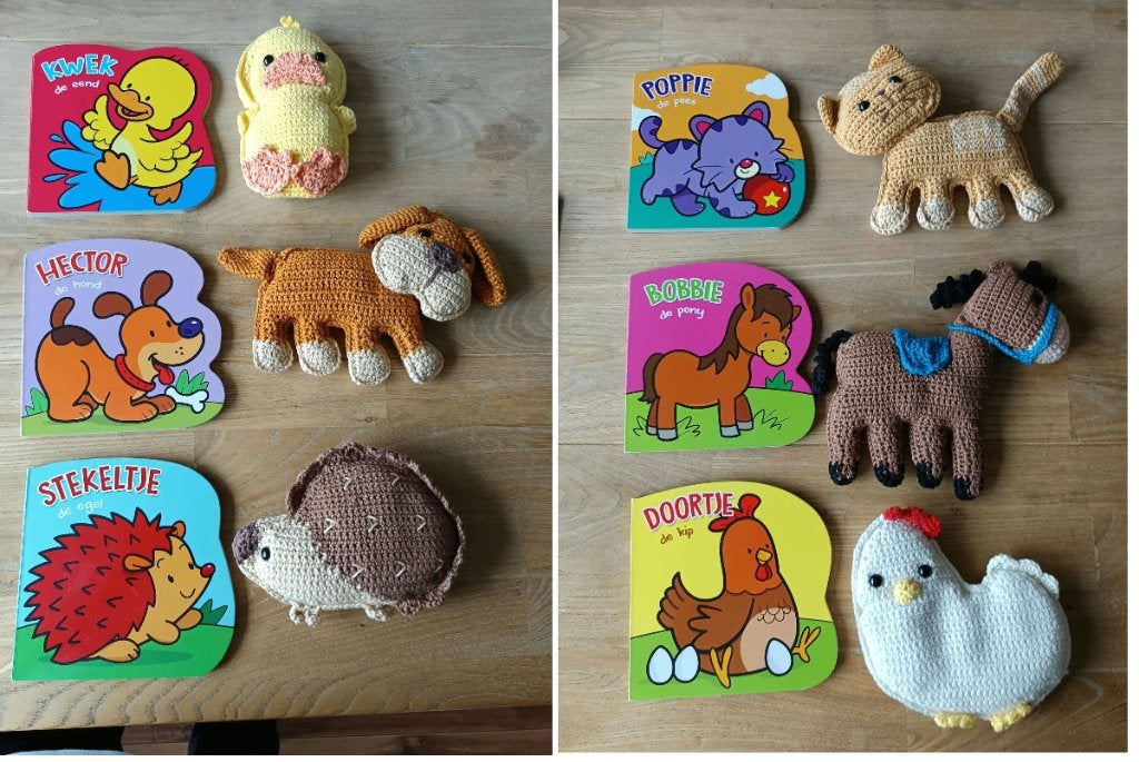 6 zelf gehaakte  knuffel met boekje, Ophalen, Zo goed als nieuw, Jongen of Meisje