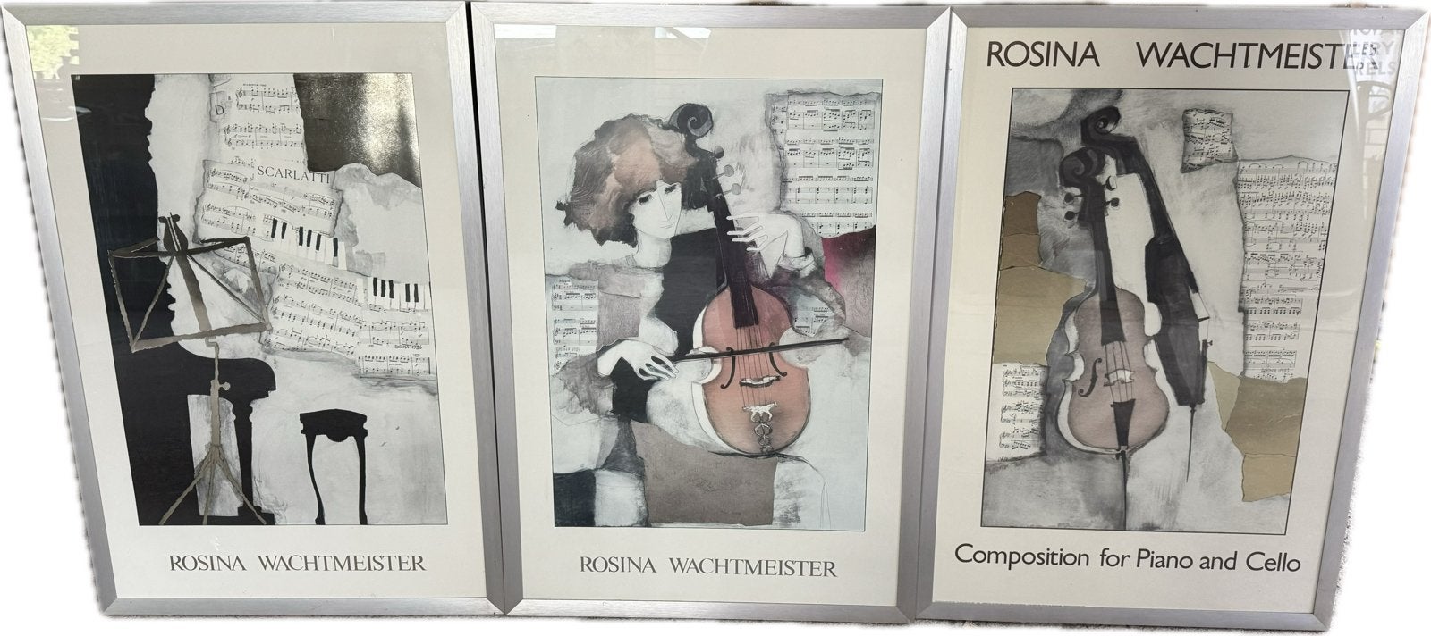 3 Rosina Wachtmeister lijsten met glas, 67x98 cm, Antiek en Kunst, Ophalen, Glas, Achter glas, Muziek
