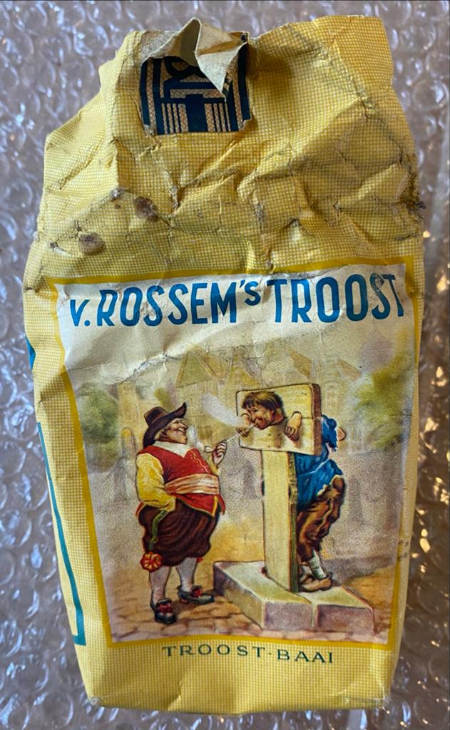 Vintage pakje "Van Rossem's Troost" tabak uit Rotterdam, Ophalen of Verzenden, Gebruikt